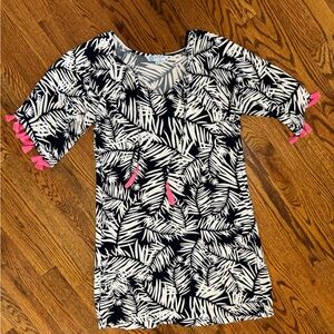 Black and White Leaf Print Dress with Pink Accents